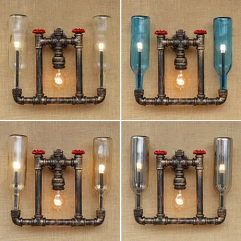 Vintage sienas gaismas armatūra Ūdens Cauruļu gaismas bēniņi retro Sienas Lampu Ar Slēdzi Stikla Pudele Lamparas turētājs, Gultas, Guļamistabas Lampas
